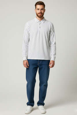 Polo Yaka Çizgili Uzun Kollu Erkek T-shirt Beyaz - Yeni Erkek Giyim