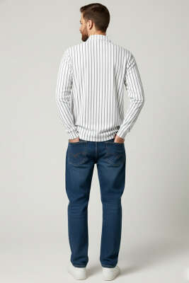 Polo Yaka Çizgili Uzun Kollu Erkek T-shirt Beyaz - Yeni Erkek Giyim