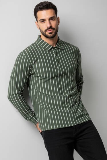 Polo Yaka Çizgili Uzun Kollu Erkek T-shirt Haki - Erkek Uzun Kollu Tişört