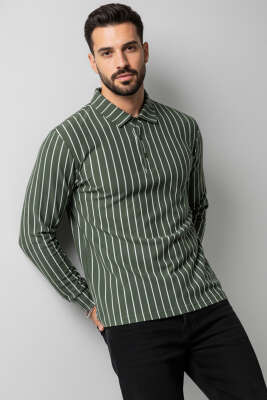 Polo Yaka Çizgili Uzun Kollu Erkek T-shirt Haki 