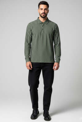 Polo Yaka Çizgili Uzun Kollu Erkek T-shirt Haki - Yeni Erkek Giyim