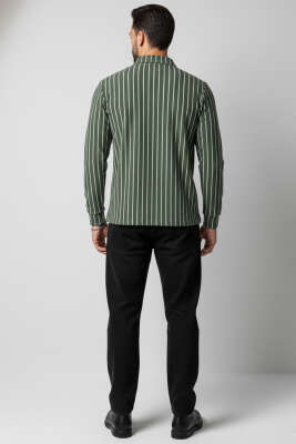 Polo Yaka Çizgili Uzun Kollu Erkek T-shirt Haki - Yeni Erkek Giyim