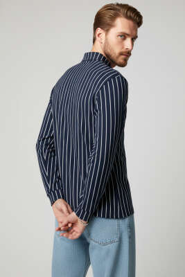 Polo Yaka Çizgili Uzun Kollu Erkek T-shirt Lacivert - Erkek Uzun Kollu Tişört