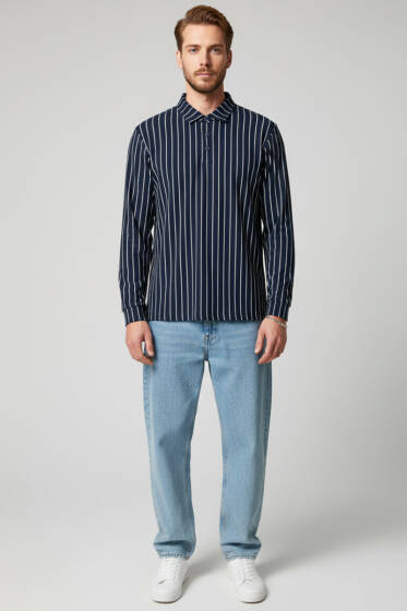 Polo Yaka Çizgili Uzun Kollu Erkek T-shirt Lacivert - Yeni Erkek Giyim