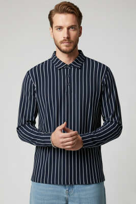 Polo Yaka Çizgili Uzun Kollu Erkek T-shirt Lacivert - Yeni Erkek Giyim