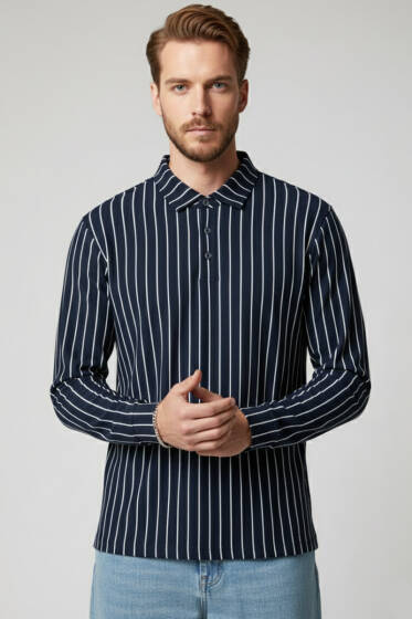 Polo Yaka Çizgili Uzun Kollu Erkek T-shirt Lacivert - Yeni Erkek Giyim