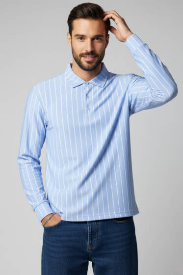 Polo Yaka Çizgili Uzun Kollu Erkek T-shirt Mavi - Erkek Uzun Kollu Tişört