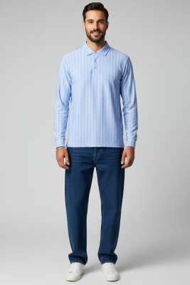 Polo Yaka Çizgili Uzun Kollu Erkek T-shirt Mavi - Yeni Erkek Giyim