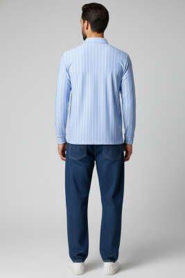 Polo Yaka Çizgili Uzun Kollu Erkek T-shirt Mavi - Yeni Erkek Giyim