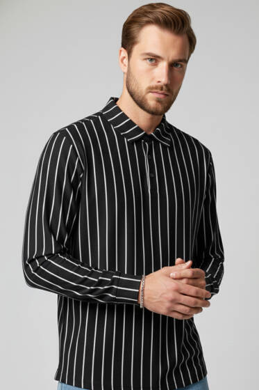 Polo Yaka Çizgili Uzun Kollu Erkek T-shirt Siyah - Yeni Erkek Giyim