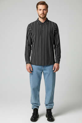 Polo Yaka Çizgili Uzun Kollu Erkek T-shirt Siyah - Yeni Erkek Giyim