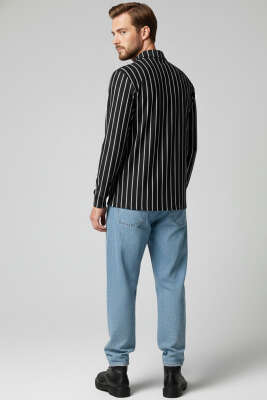 Polo Yaka Çizgili Uzun Kollu Erkek T-shirt Siyah - Yeni Erkek Giyim