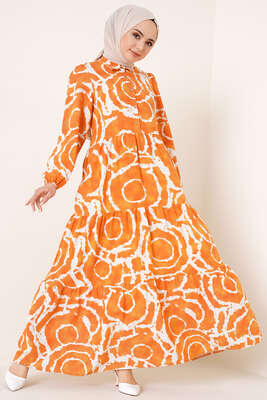 Polo Yaka Desenli Elbise Oranj - Thumbnail