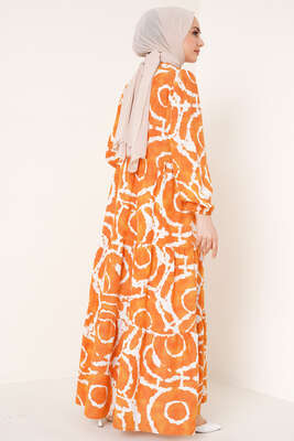 Polo Yaka Desenli Elbise Oranj - Thumbnail