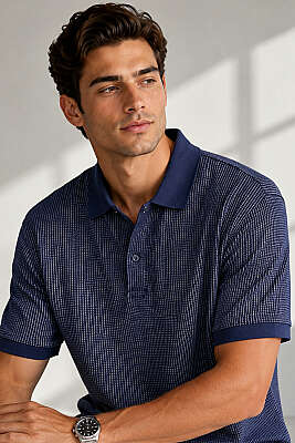 Polo Yaka Dikey Çizgili Erkek T-shirt Lacivert - HİT TİME