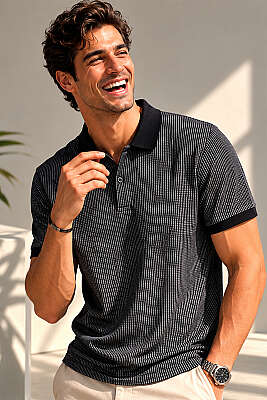 Polo Yaka Dikey Çizgili Erkek T-shirt Siyah - HİT TİME