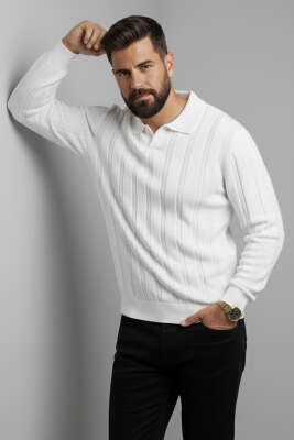 Polo Yaka Dikey Çizgili Triko Erkek Kazak Ekru 