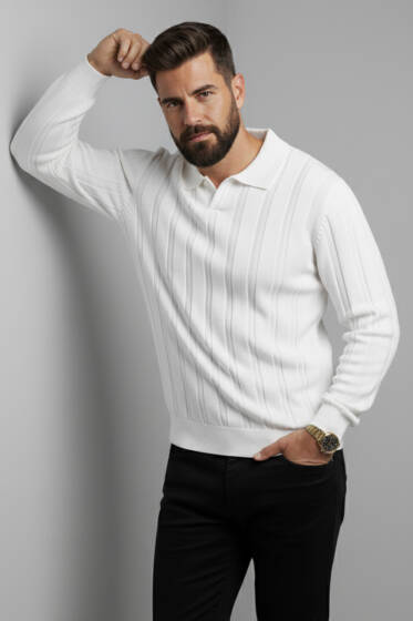 Polo Yaka Dikey Çizgili Triko Erkek Kazak Ekru - Yeni Erkek Giyim