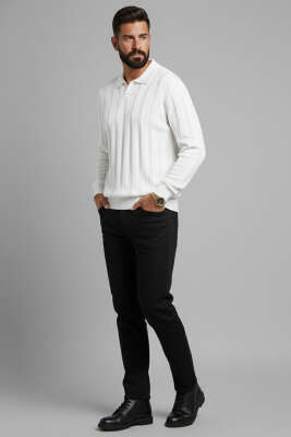 Polo Yaka Dikey Çizgili Triko Erkek Kazak Ekru - Yeni Erkek Giyim