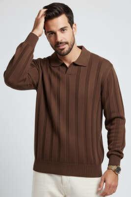 Polo Yaka Dikey Çizgili Triko Erkek Kazak Kahve - WİPEOUT