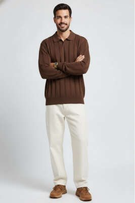 Polo Yaka Dikey Çizgili Triko Erkek Kazak Kahve - Erkek Kazak