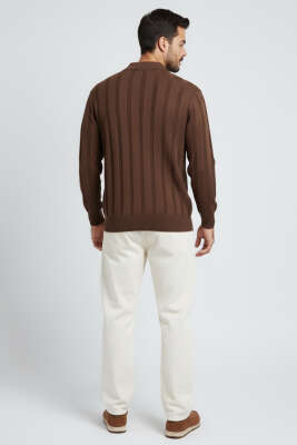 Polo Yaka Dikey Çizgili Triko Erkek Kazak Kahve - Erkek Kazak