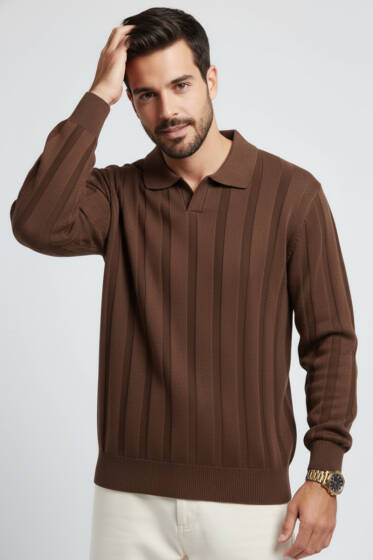 Polo Yaka Dikey Çizgili Triko Erkek Kazak Kahve - Yeni Erkek Giyim