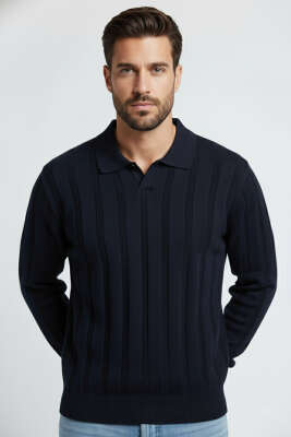 Polo Yaka Dikey Çizgili Triko Erkek Kazak Lacivert 