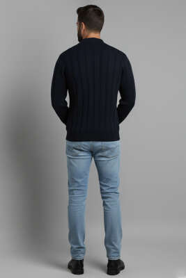 Polo Yaka Dikey Çizgili Triko Erkek Kazak Lacivert - Erkek Sweatshirt