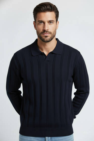 Polo Yaka Dikey Çizgili Triko Erkek Kazak Lacivert - Yeni Erkek Giyim