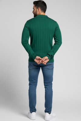 Polo Yaka Dikey Çizgili Triko Erkek Kazak Nefti - Erkek Kazak