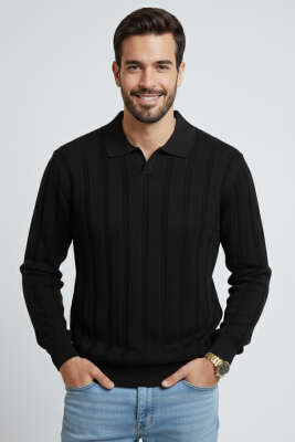 Polo Yaka Dikey Çizgili Triko Erkek Kazak Siyah 