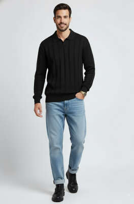 Polo Yaka Dikey Çizgili Triko Erkek Kazak Siyah - Erkek Sweatshirt