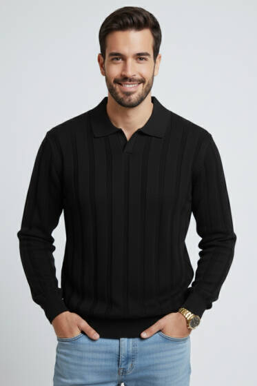 Polo Yaka Dikey Çizgili Triko Erkek Kazak Siyah - Yeni Erkek Giyim