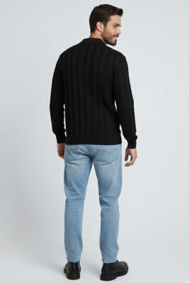 Polo Yaka Dikey Çizgili Triko Erkek Kazak Siyah - Yeni Erkek Giyim