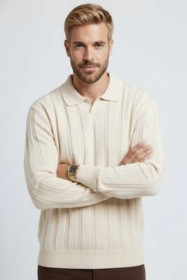 Polo Yaka Dikey Çizgili Triko Erkek Kazak Taş 