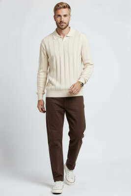 Polo Yaka Dikey Çizgili Triko Erkek Kazak Taş - Erkek Sweatshirt