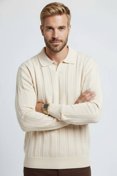 Polo Yaka Dikey Çizgili Triko Erkek Kazak Taş - Yeni Erkek Giyim