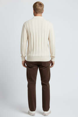 Polo Yaka Dikey Çizgili Triko Erkek Kazak Taş - Yeni Erkek Giyim