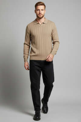 Polo Yaka Dikey Çizgili Triko Erkek Kazak Vizon - Erkek Kazak