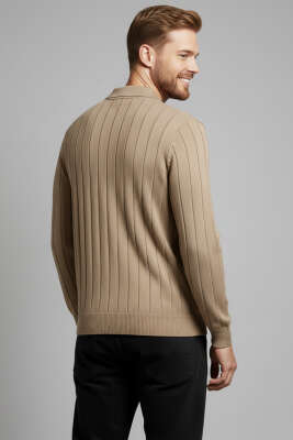 Polo Yaka Dikey Çizgili Triko Erkek Kazak Vizon - Erkek Kazak