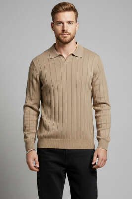 Polo Yaka Dikey Çizgili Triko Erkek Kazak Vizon - WİPEOUT