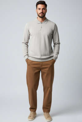 Polo Yaka Dikişli Kazak Gri - Erkek Kazak