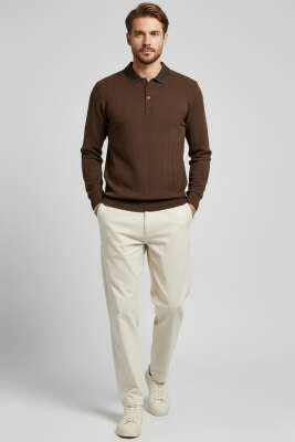 Polo Yaka Dikişli Kazak Kahve - Erkek Kazak