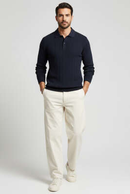 Polo Yaka Dikişli Kazak Lacivert - Erkek Kazak