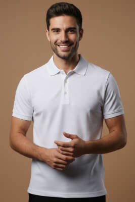 Polo Yaka Düğme Detaylı Erkek T-shirt Beyaz - Erkek T-shirt