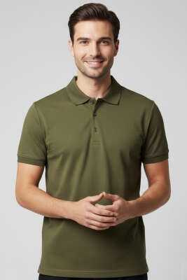 Polo Yaka Düğme Detaylı Erkek T-shirt Haki 