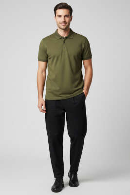Polo Yaka Düğme Detaylı Erkek T-shirt Haki - Erkek Polo Yaka Tişört