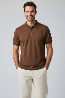 Polo Yaka Düğme Detaylı Erkek T-shirt Kahve - BESSE