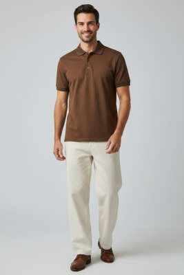Polo Yaka Düğme Detaylı Erkek T-shirt Kahve - Erkek T-shirt